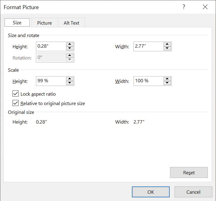 Screenshot of the Size tab of the Format Picture dialog box.