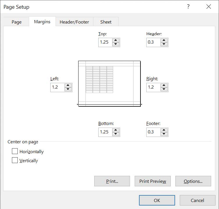 Screenshot of the Margins tab of the Page Setup dialog box with custom margin values entered.