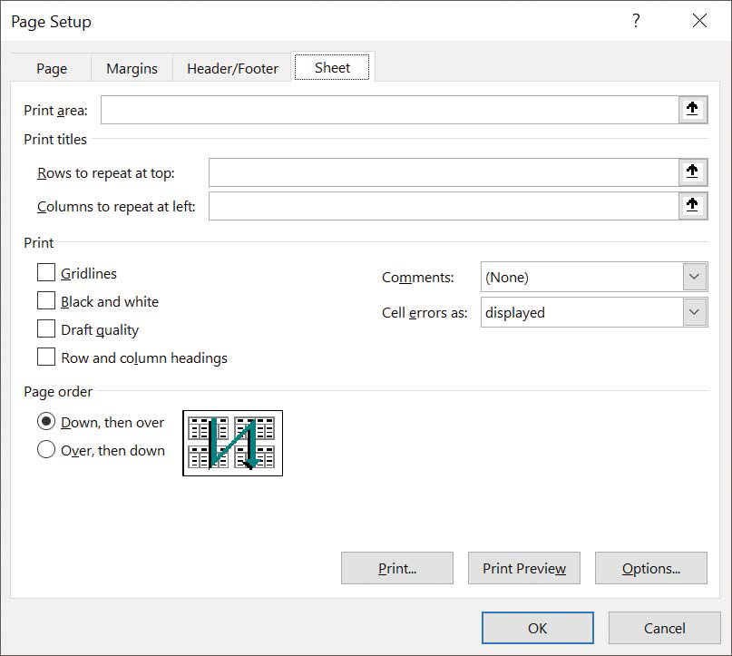 Screenshot of the Sheet tab of the Page Setup dialog box.