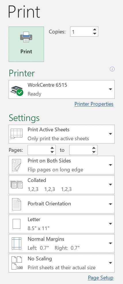 Screenshot of the print controls on the Print page of Backstage view.