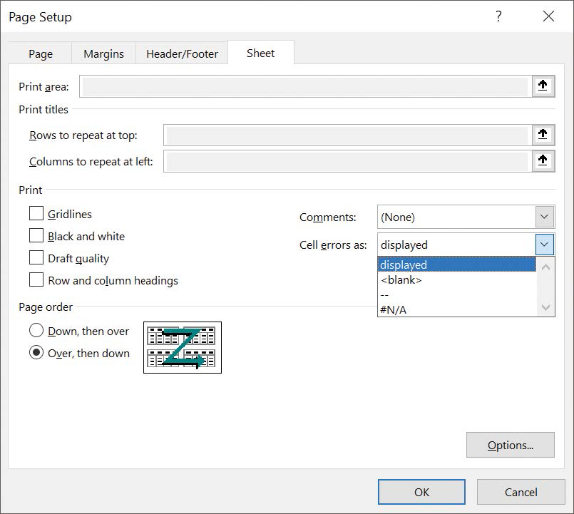 Screenshot of the Sheet tab of the Page Setup dialog box with available options from the Cell errors as list displayed.