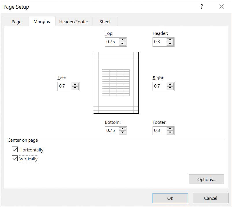 Screenshot of the Margins tab of the Page Setup dialog box. In the Center on Page section, the Horizontally and Vertically boxes are checked, which will cause Excel to print the worksheet’s contents on the center of the page.