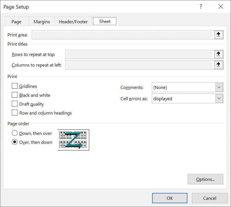 Screenshot of Sheet tab of the Page Setup dialog box, with a label indicating a Collapse Dialog button.