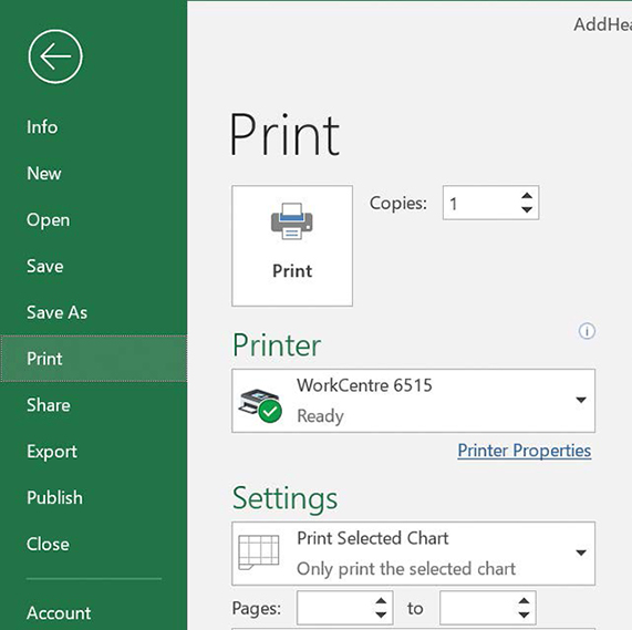 Screenshot of the Print page of Backstage view when a user selects a chart for printing.