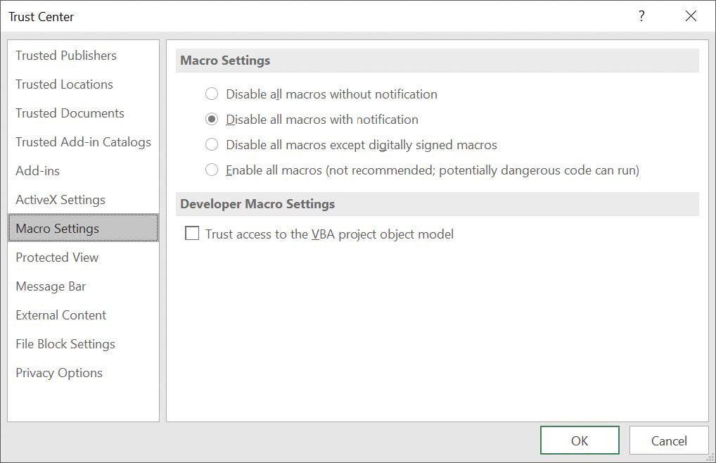 Screenshot of the Macro Settings page of the Trust Center dialog box, which is accessed from the Excel Options dialog box.