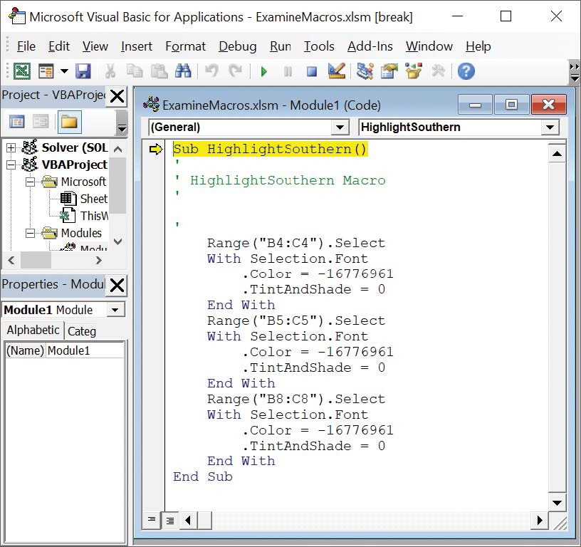 Screenshot of a macro in the Visual Basic Editor after the user clicked the Step Into button in the Macro dialog box. The first step of the macro is highlighted.