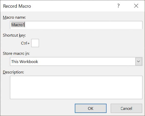 Screenshot of the Record Macro dialog box.