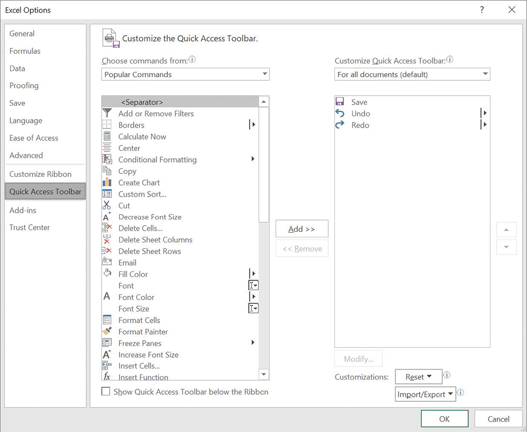 Screenshot of the Quick Access Toolbar page of the Excel Options dialog box.