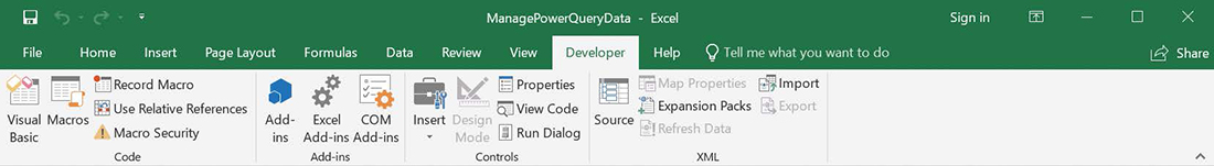 Screenshot of the Developer tab of the ribbon.