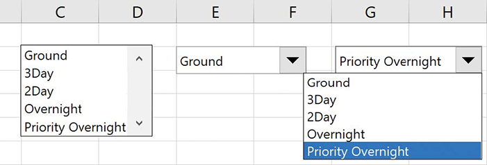 Screenshot of a list box, a combo box, and a combo box with its arrow clicked to show the available values.