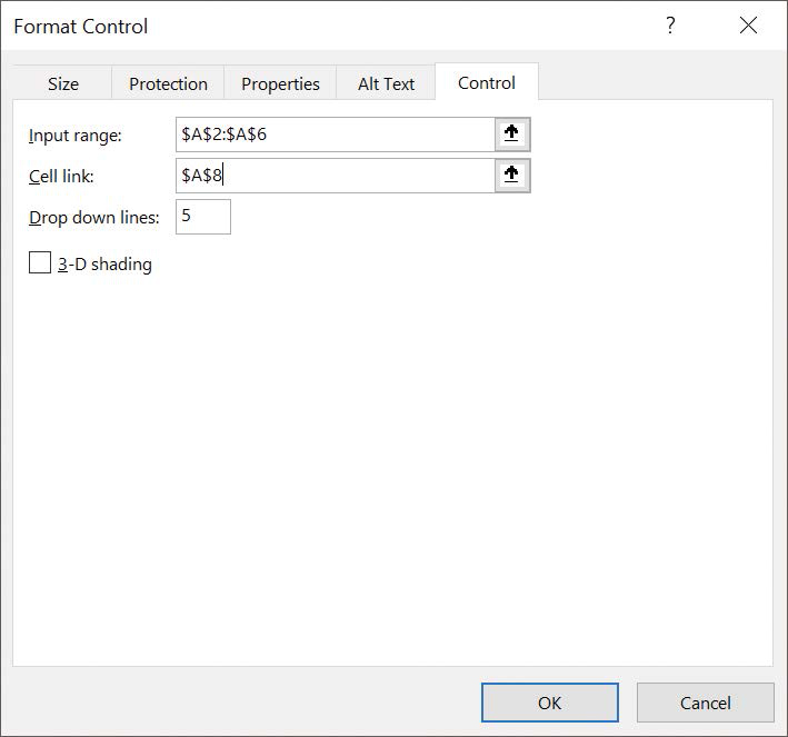 Screenshot of the Control tab of the Format Control dialog box.