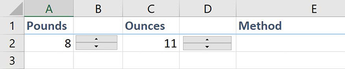 Screenshot of a worksheet with spin buttons that change the values in cells A2 and C2.