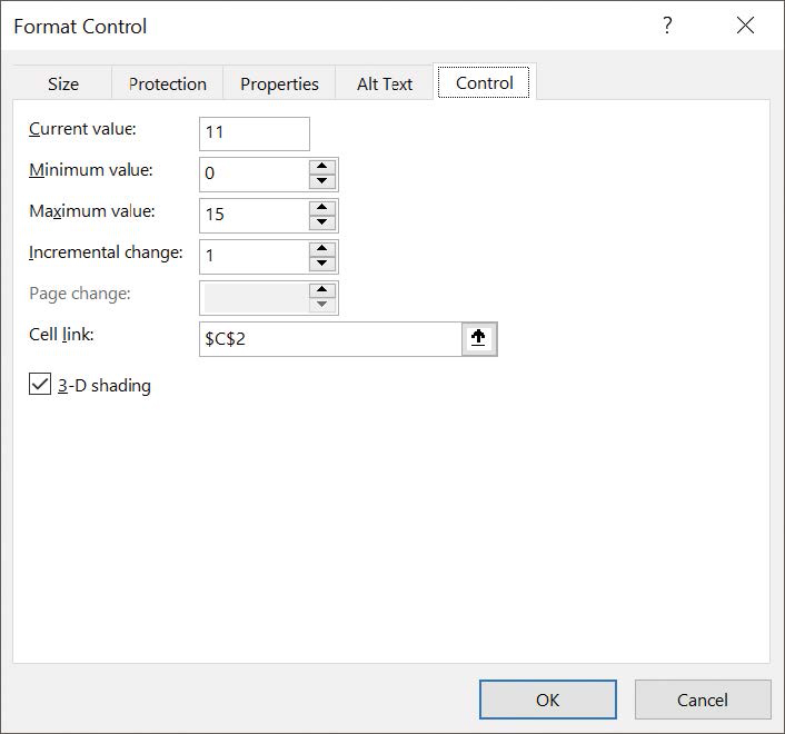 Screenshot of the Control tab of the Format Control dialog box for a spin button.