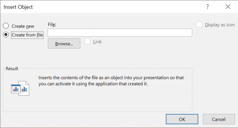 Screenshot of the PowerPoint application’s Insert Object dialog box.