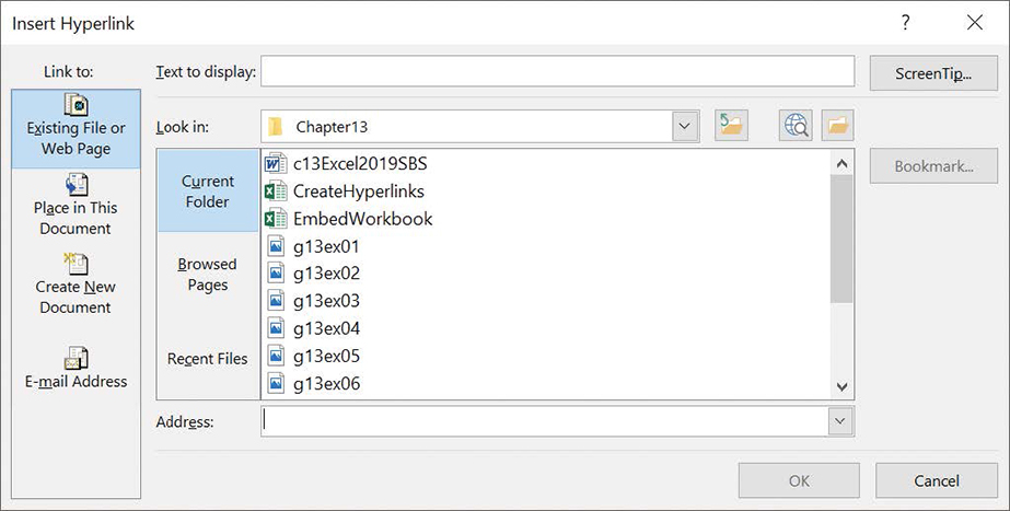 Screenshot of the Insert Hyperlink dialog box ready to add a link to an existing file or webpage.