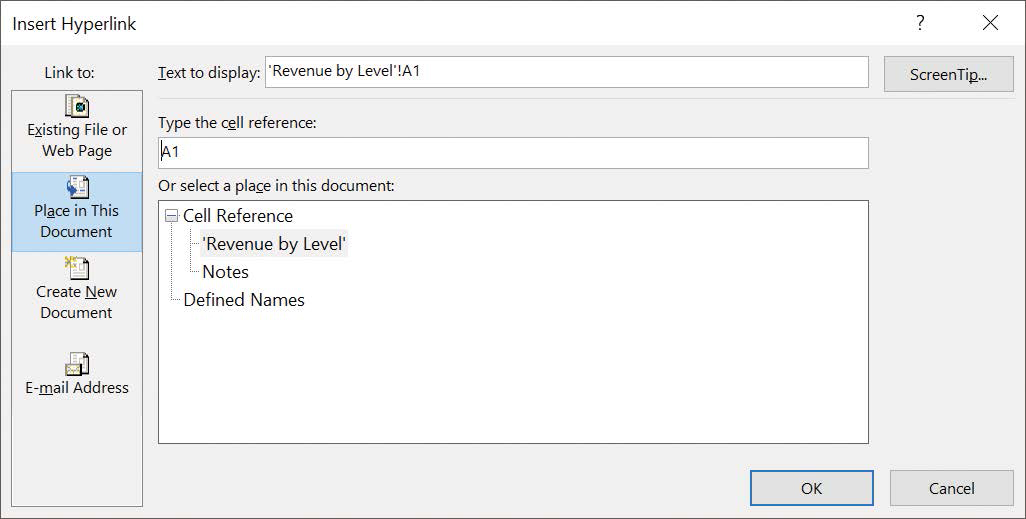 Screenshot of the Insert Hyperlink dialog box set to create a link to a place in the current workbook.