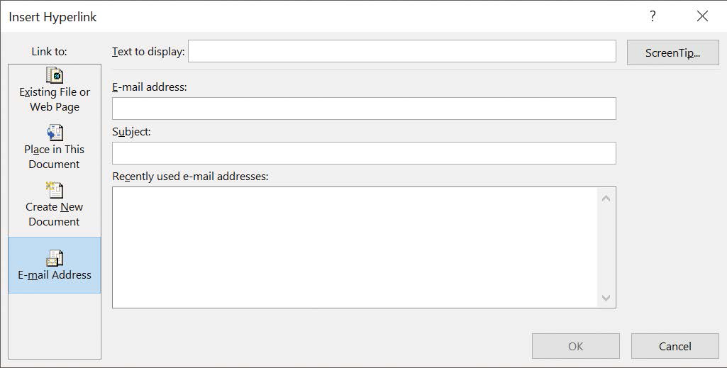 Screenshot of the Insert Hyperlink dialog box set to create a link that opens a new email message.