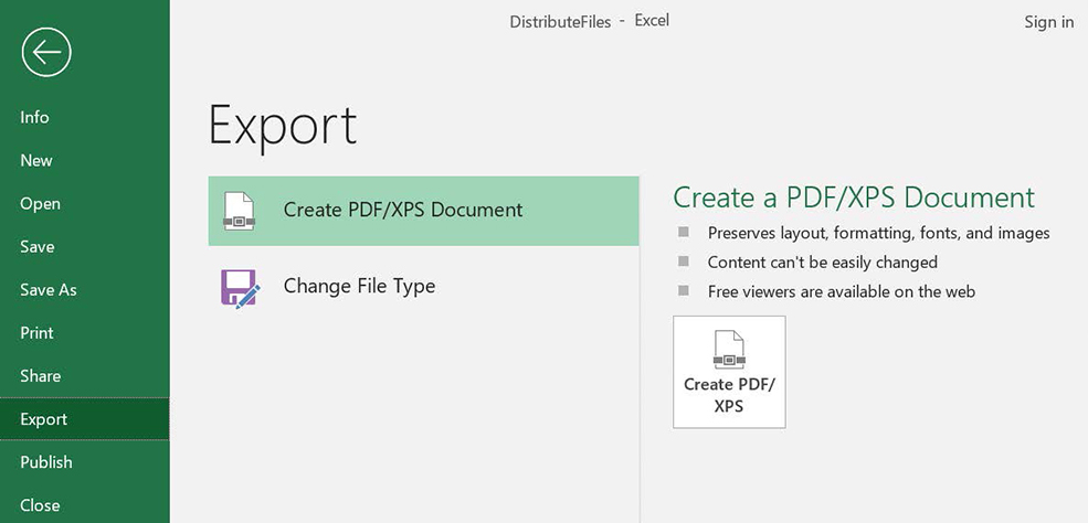 Screenshot of the Export page of the Backstage view with Create PDF/XPS Document selected.