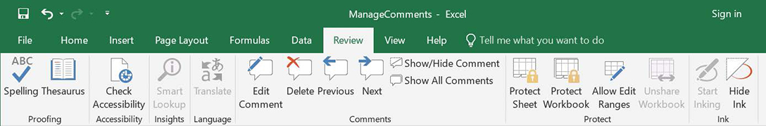 Screenshot of the Review tab, showing the Comments group after a comment has been added to a worksheet.