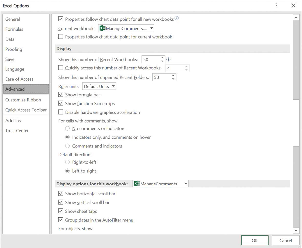 Screenshot of the Advanced page of the Excel Options dialog box. The Display group contains options related to how Excel displays comments on a worksheet.