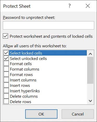 Screenshot of the Protect Sheet dialog box with the Select Locked Cells and Select Unlocked Cells check boxes selected.