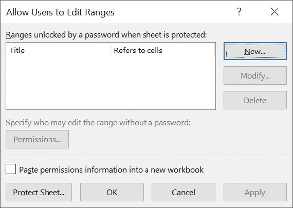 Screenshot of the Allow Users to Edit Ranges dialog box.