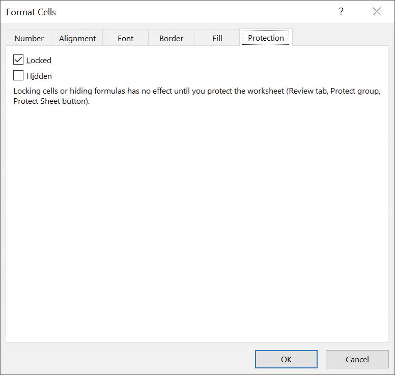 Screenshot of the Protection tab of the Format Cells dialog box, which contains the Locked and Hidden check boxes.