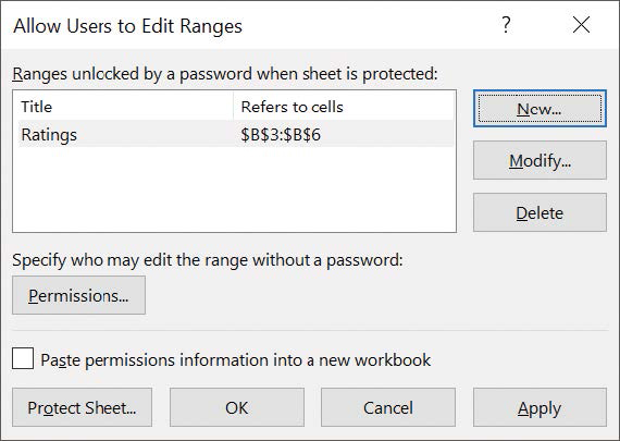 Screenshot of the Allow Users to Edit Ranges dialog box with a range named January defined.