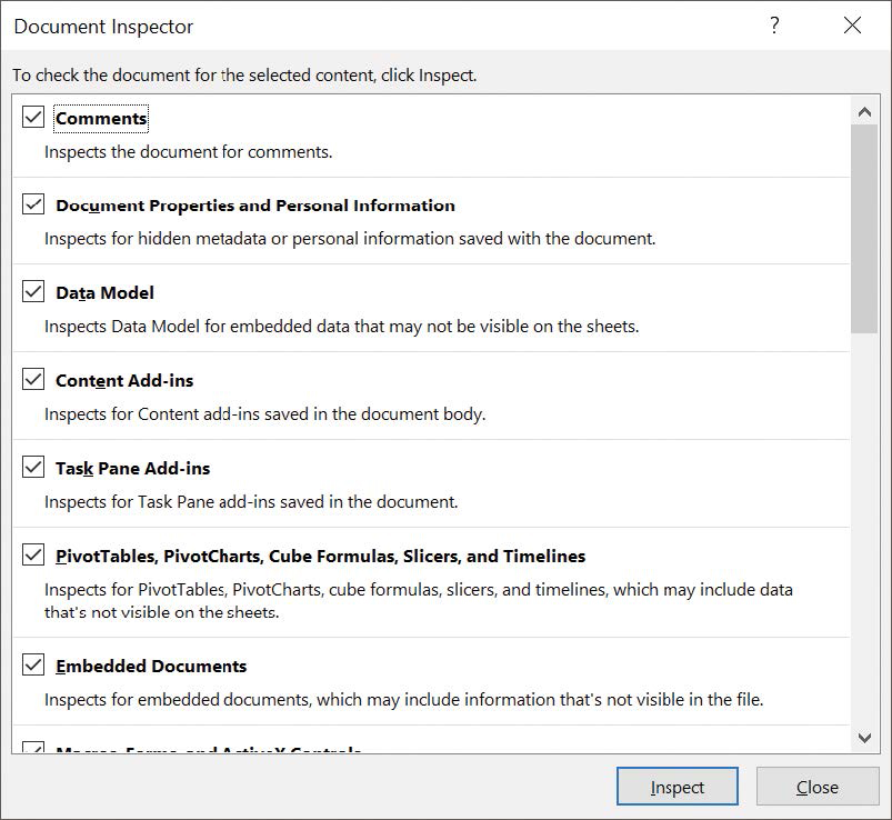 Screenshot of the Document Inspector dialog box, which contains a list of information categories the inspector will look for in the workbook.