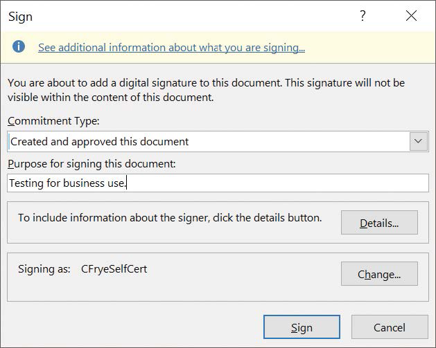 Screenshot of the Sign dialog box, which contains tools you can use to sign a workbook with a digital certificate.