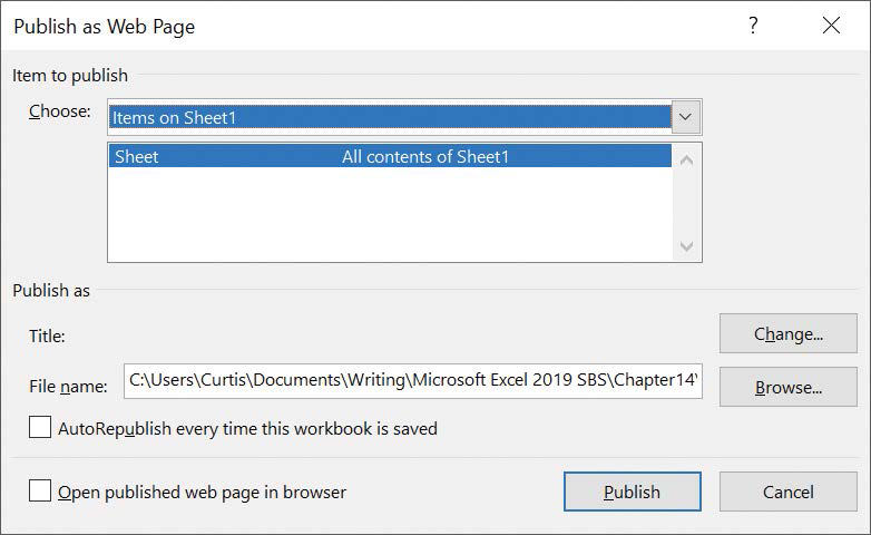 Screenshot of the Publish as Web Page dialog box. The dialog box shows items on a worksheet named Sheet2.