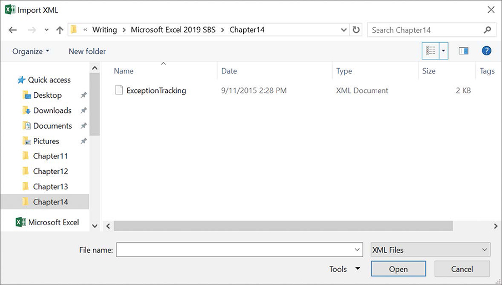 Screenshot of the Import XML dialog box with a file named Exception Tracking shown.