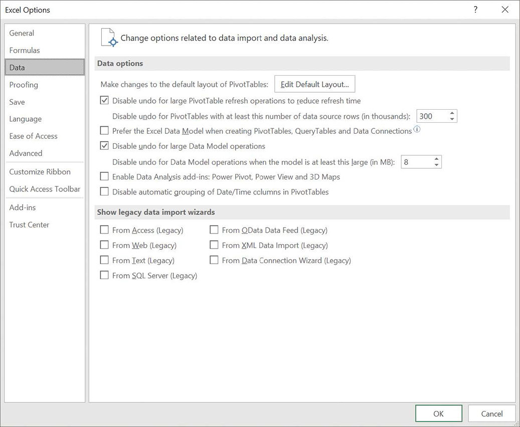 Screenshot of the Data page of the Excel Options dialog box.