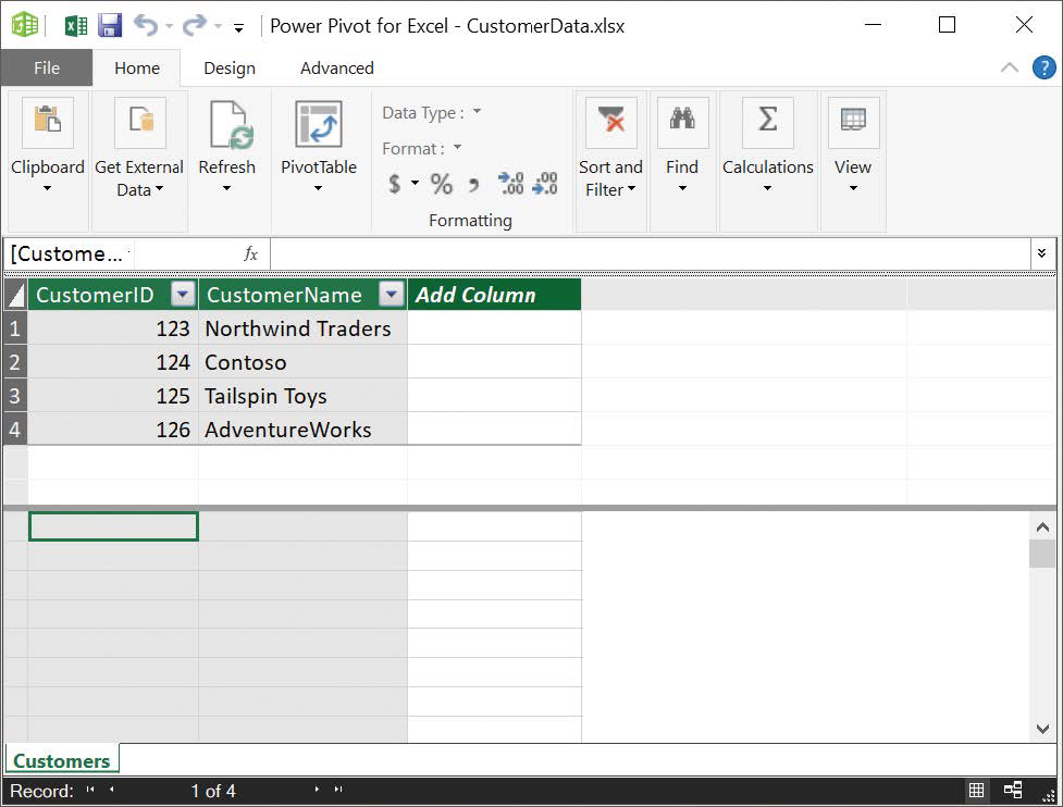 Screenshot of the Data Model, displayed in the Power Pivot for Excel window.