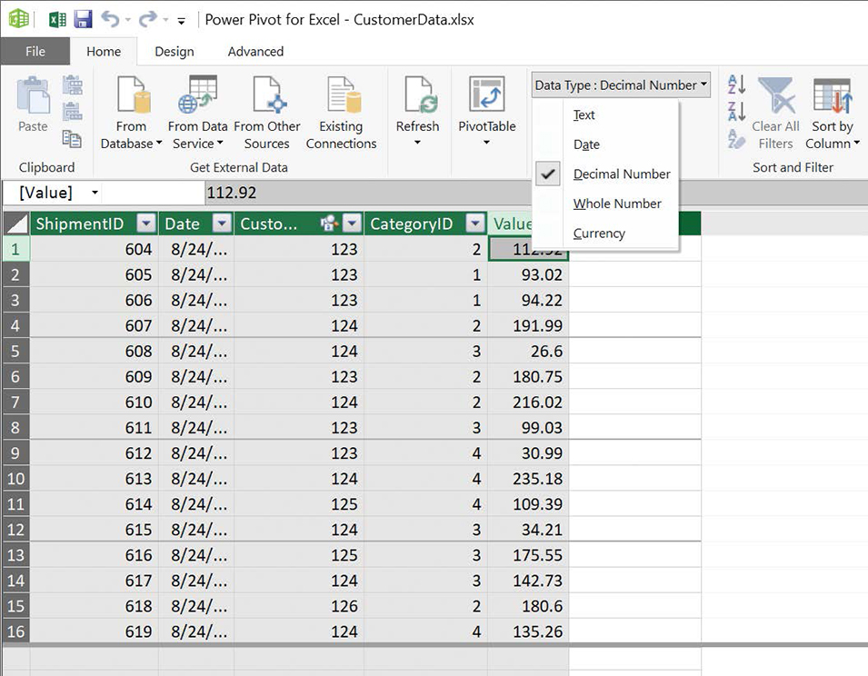 Screenshot of an Excel table displayed in Power Pivot, showing a column that contains currency values being identified as a decimal number column.