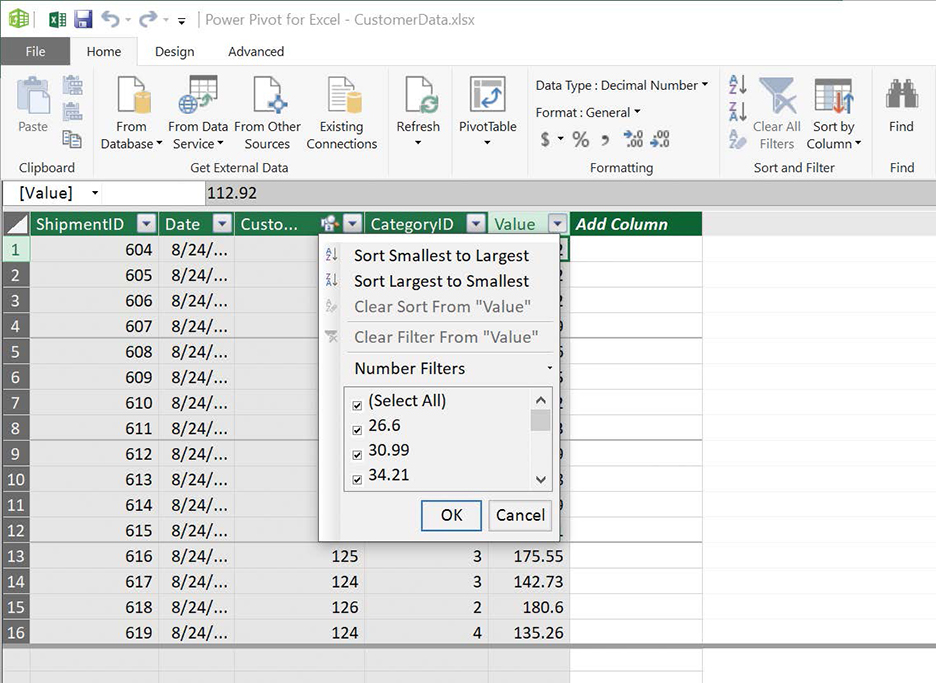 Screenshot of the filter arrow list for the CustomerID column of a table in Power Pivot.