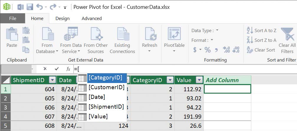 Screenshot of the start of a formula used to create a new calculated column in Power Pivot.