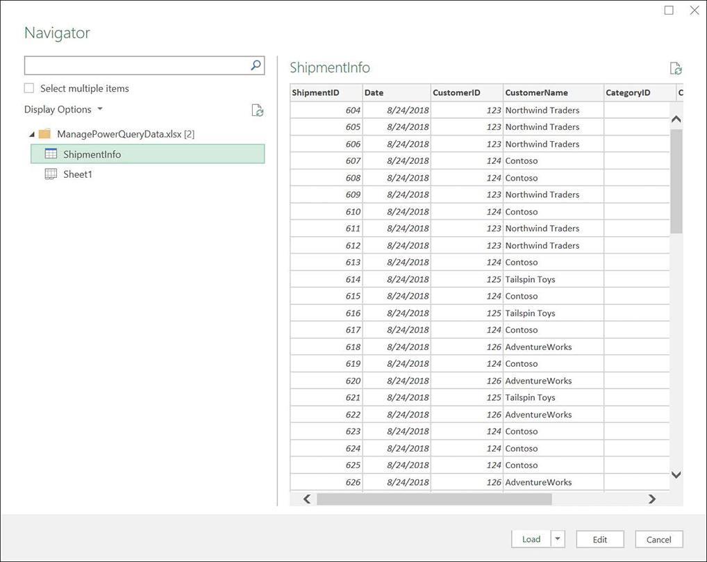 Screenshot of the Navigator page of Power Query, with the elements of a workbook, the ShipmentInfo table and Sheet1, displayed as available data sources. A preview of ShipmentInfo appears in the preview pane.