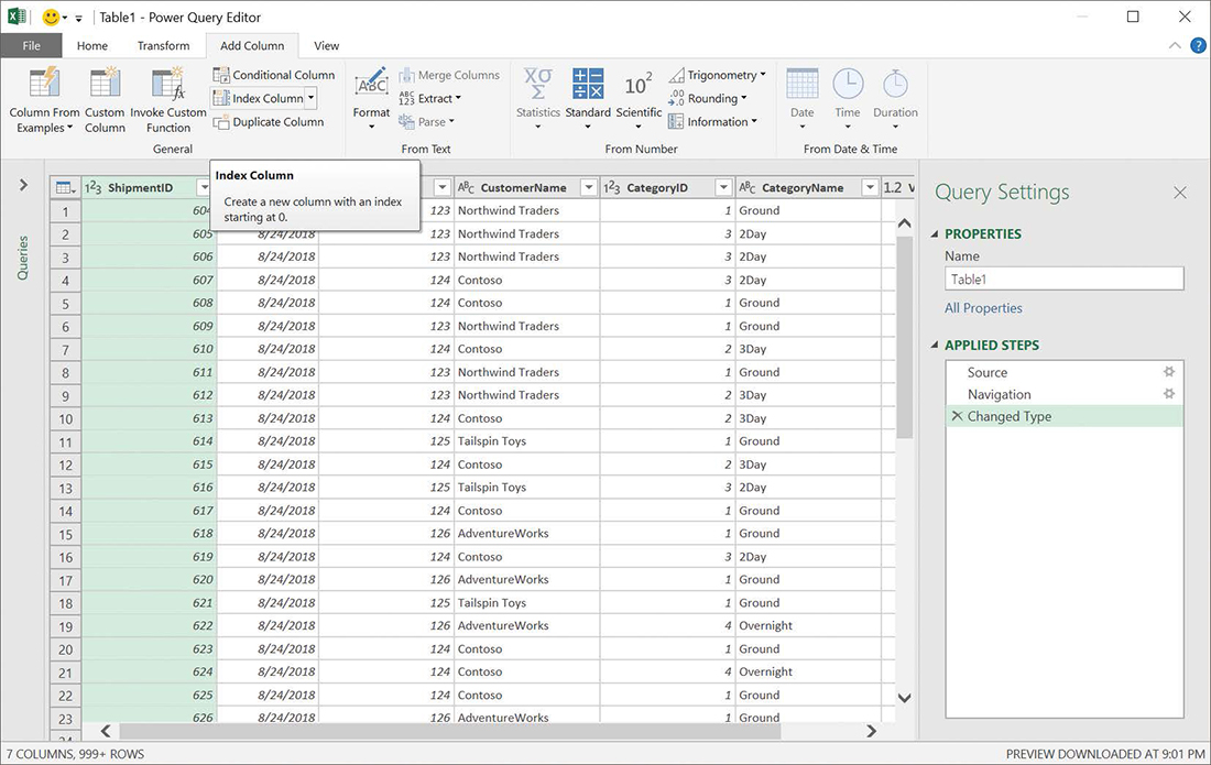 Screenshot of a table in Power Query, with the Add Column tab of the ribbon displayed. The Add Column tab includes the Add Index Column button, which you can click to add a column in which each row contains a unique value.