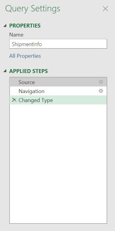 Screenshot of the Query Settings task pane, which contains controls you can use to rename your query and edit or undo changes you’re made. The Applied Steps list shows three steps: Source, Navigation, and Changed Type.