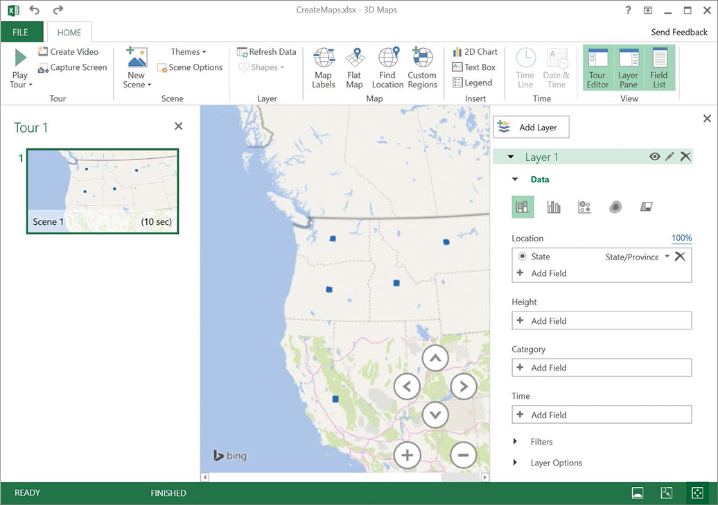 Screenshot of a 3D map with the State field mapped to the Location box in the Layer task pane.