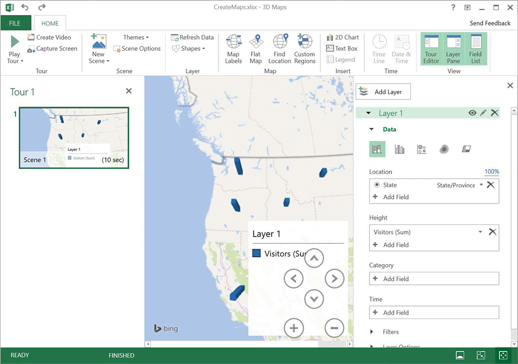 Screenshot of a 3D map that summarizes visitor data by state.