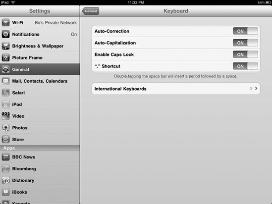 The Keyboard settings screen lets you customize the virtual keyboard's behavior.