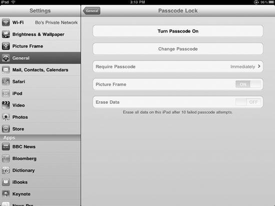 The Passcode Lock settings screen lets you turn the passcode feature on or off.