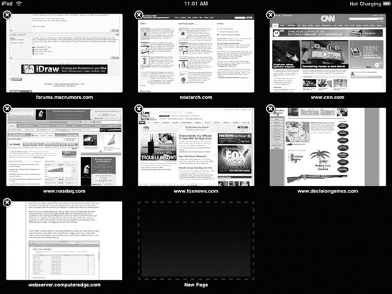 Safari displays open web pages as thumbnail images. Notice the X in the upper-left corner, which allows you to close web pages.