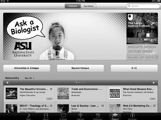 The iTunes University screen displays all the courses available.