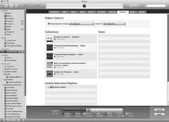 The iTunes U tab lists the courses you've already downloaded and which courses you want to sync.