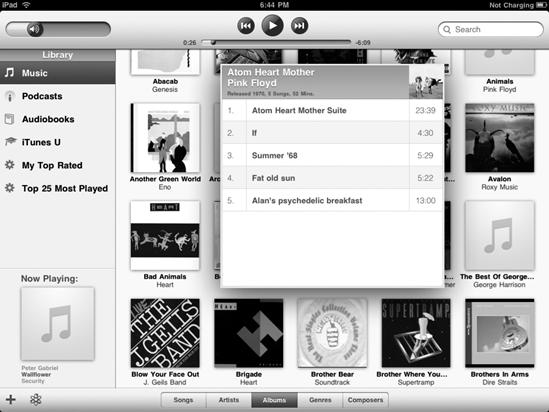 Tapping an album cover reveals which songs are available from that album on your iPad.