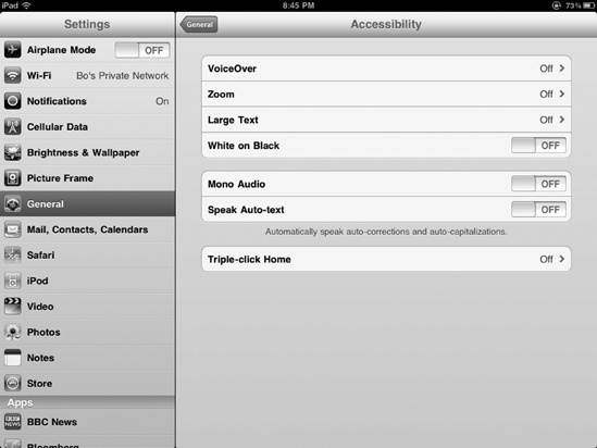 The Accessibility settings screen