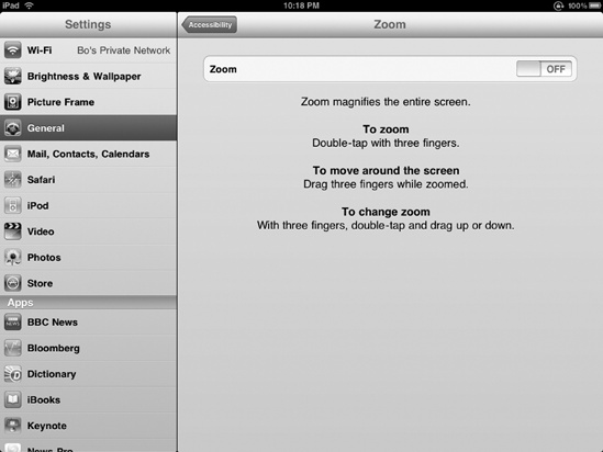 The Zoom settings screen lets you magnify the entire screen by double-tapping with three fingers.